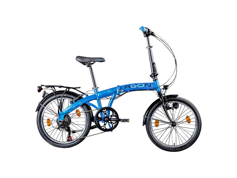 Blauwe Agon vouwfiets met kleine wielen en bagagedrager.