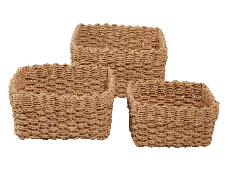 Set van drie rechthoekige gevlochten opbergmanden in natuurlijk bruin
