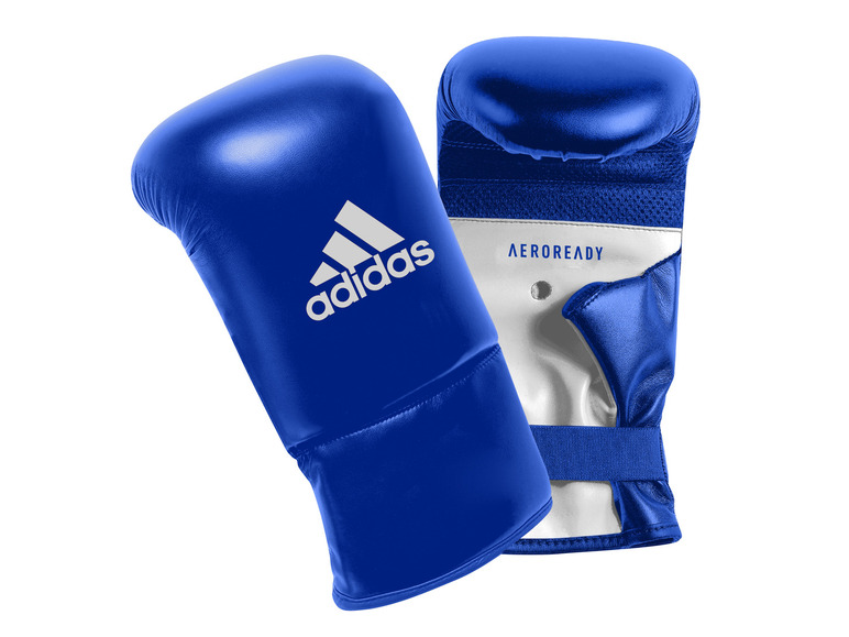 Blauwe Adidas bokshandschoenen met Aeroready technologie.