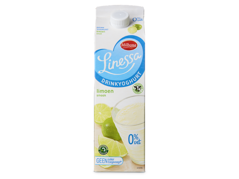 Karton drinkyoghurt met limoensmaak, 0% vet en geen toegevoegde suiker.