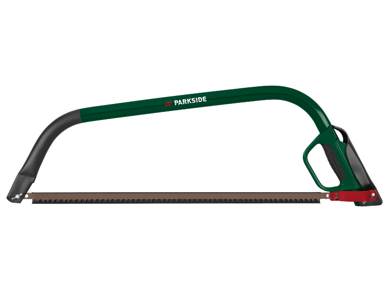 Groene en zwarte beugelzaag met een rode bladspanner.
