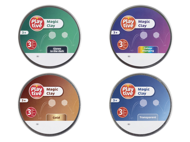 Playtive Magic Clay in de kleuren gloeiend in het donker, kleurveranderend, goud en transparant.