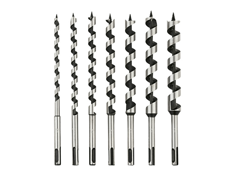 Een set van zes boorbits voor hout, geschikt voor verschillende maten gaten.