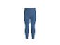Blauwe jegging met oranje stiksels.