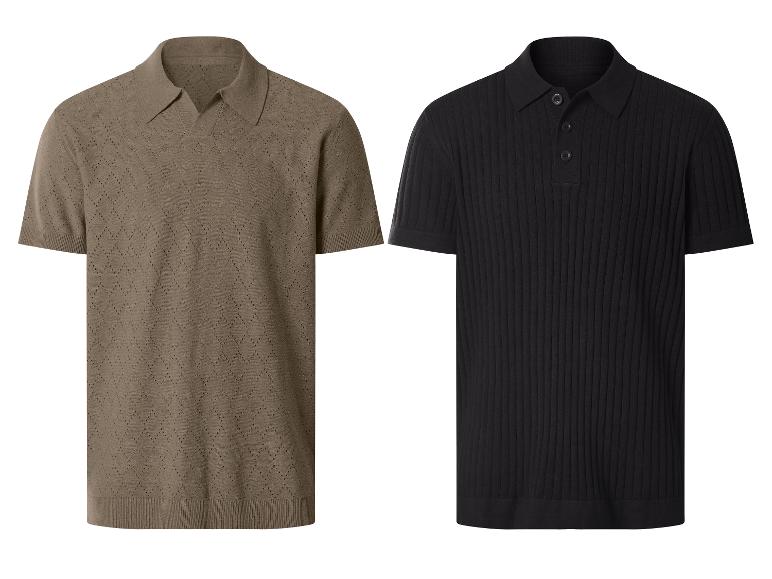 Twee gebreide poloshirts met korte mouwen: een bruine met opengewerkt patroon en een zwarte geribbelde.