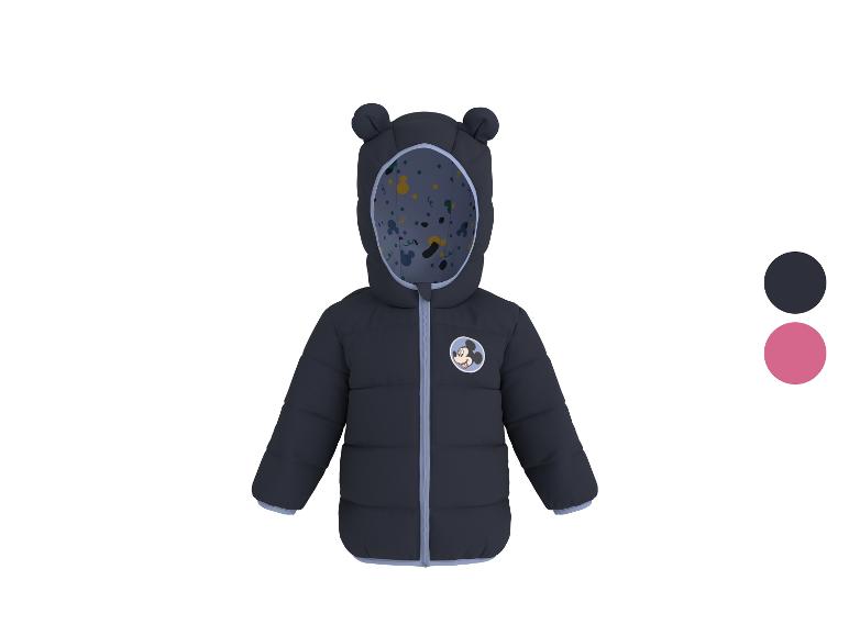 Donkerblauwe gewatteerde jas voor baby's met Mickey Mouse-patch en capuchon met patroon.