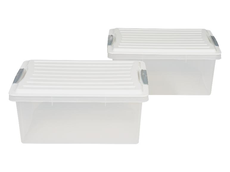 Twee doorzichtige opbergdozen met deksel.