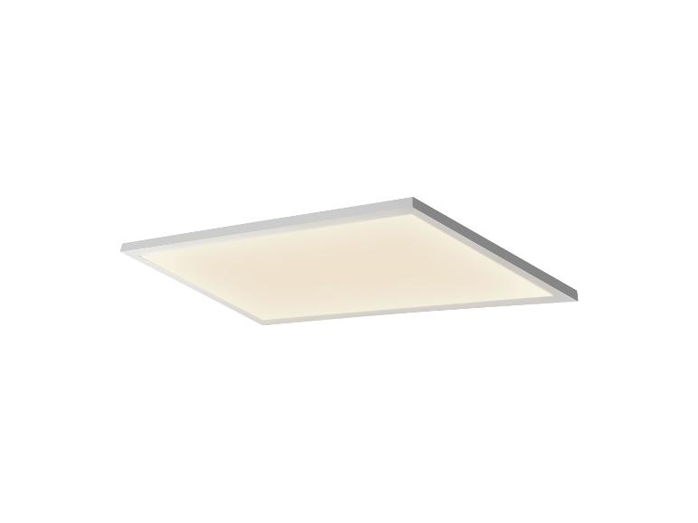 Vierkant LED-paneellicht met een wit frame, verlicht met een warme gloed.