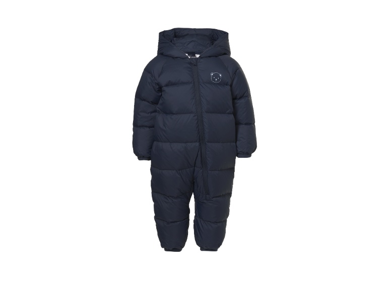 Donkerblauw baby skipak met capuchon en berenembleem