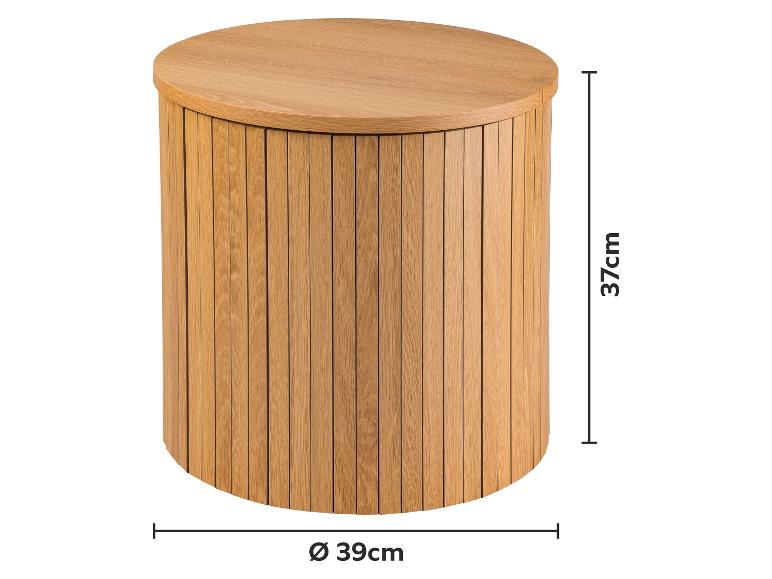 Ronde bijzettafel van licht hout met verticale latten, 37 cm hoog en 39 cm in diameter.