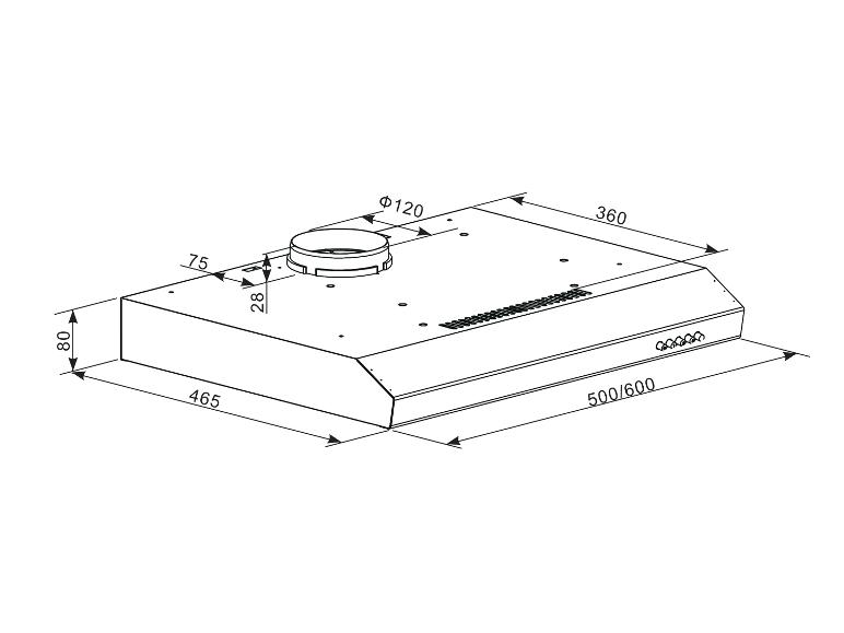 Technische tekening van een afzuigkap met afmetingen: 500/600x360x80 mm.