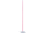 Een witte vloerlamp met een roze lichtstrip op een zwarte achtergrond.