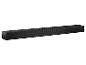Zwarte soundbar met een gestructureerd voorrooster en bedieningsknoppen bovenaan.