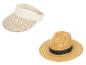 Beige strooien zonneklep en strooien hoed met zwarte band