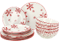 Wit en rood kerstservies met sneeuwvlokpatronen.