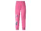 Roze kinderjoggingbroek met tropische print en decoratieve tekst.