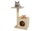 Katten op een beige krabpaal met plateau en huisje.