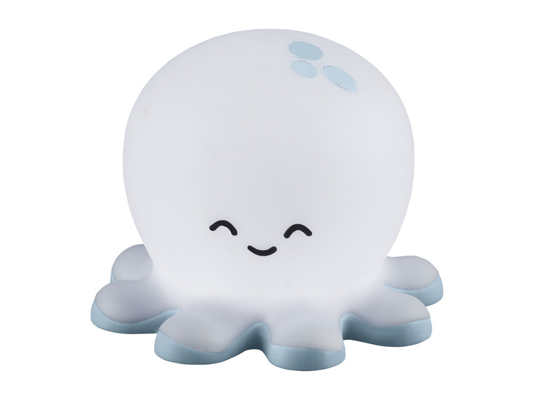 Een wit octopusvormig nachtlampje met blauwe accenten.