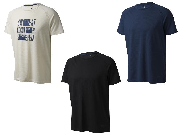 Drie Crivit T-shirts: een beige met opdruk, een zwarte en een donkerblauwe.