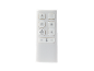 Witte afstandsbediening met aan/uit-, timer-, ventilator-, vlam-, mute- en temperatuurknoppen.