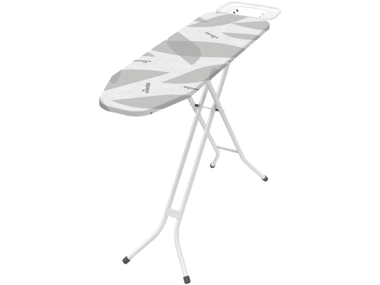 Inklapbare strijkplank met grijs-wit gedessineerde overtrek.