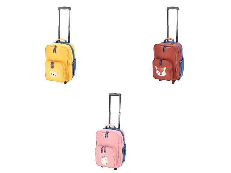 Drie kinderrolkoffers: geel met een leeuw, bruin met een vos en roze met een eenhoorn.