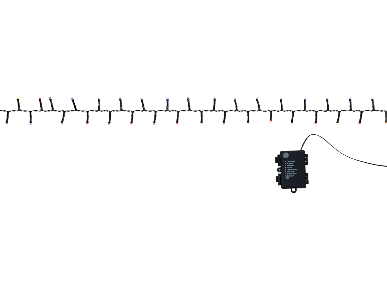 Meerkleurige LED-lichtslinger met 8 lichtfuncties en een uit-optie.