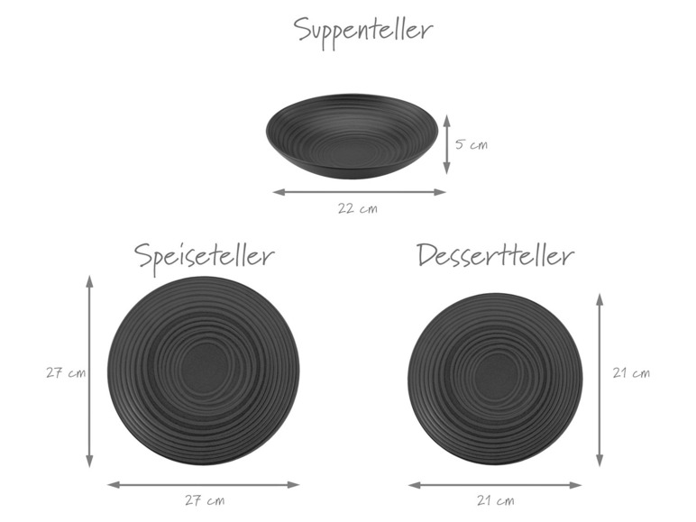 Een set zwarte borden: soepbord, dinerbord en dessertbord.