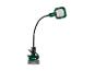 Flexibele LED-werklamp met accubasis en klem, groen en zwart.