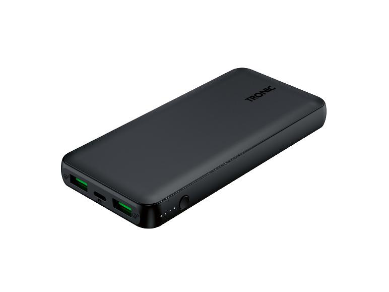 Zwarte powerbank met twee USB-poorten en een oplaadindicator.