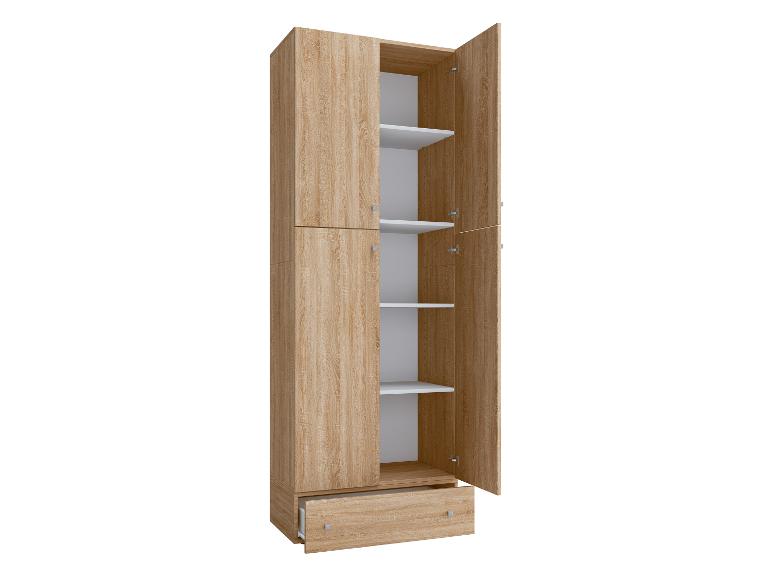 Hoge open houten kast met planken en een lade.