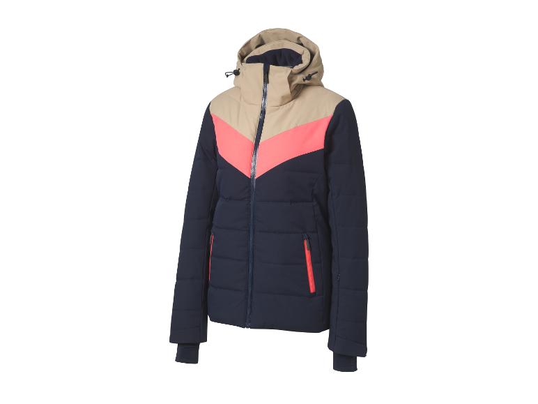 Een blauwe ski-jas met beige en roze details.