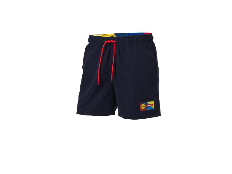 Donkerblauwe zwemshort met kleurrijke tailleband en logo op de pijp.