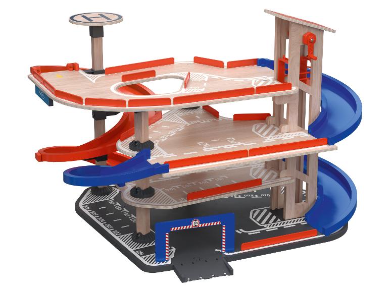 Houten speelgoed parkeergarage met meerdere verdiepingen en hellingen