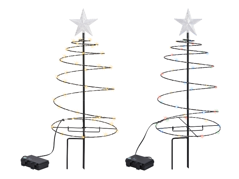 Twee spiraalvormige lichtgevende kerstbomen, één met warmwitte en één met veelkleurige lampjes.