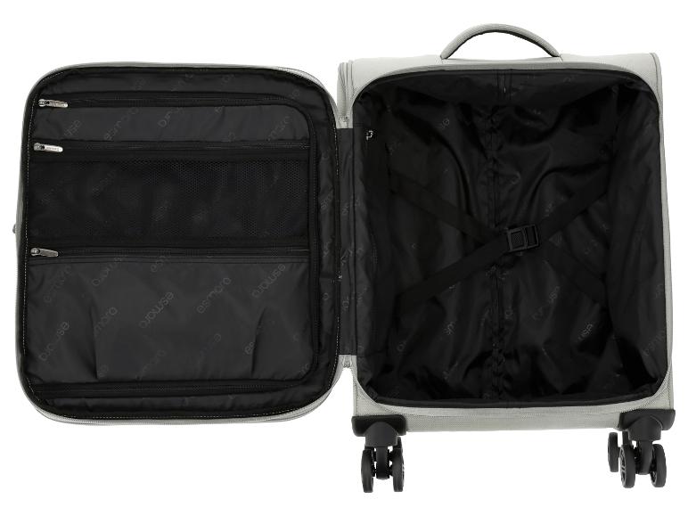 Open interieur van een grijze koffer met compartimenten en bevestigingsriemen.