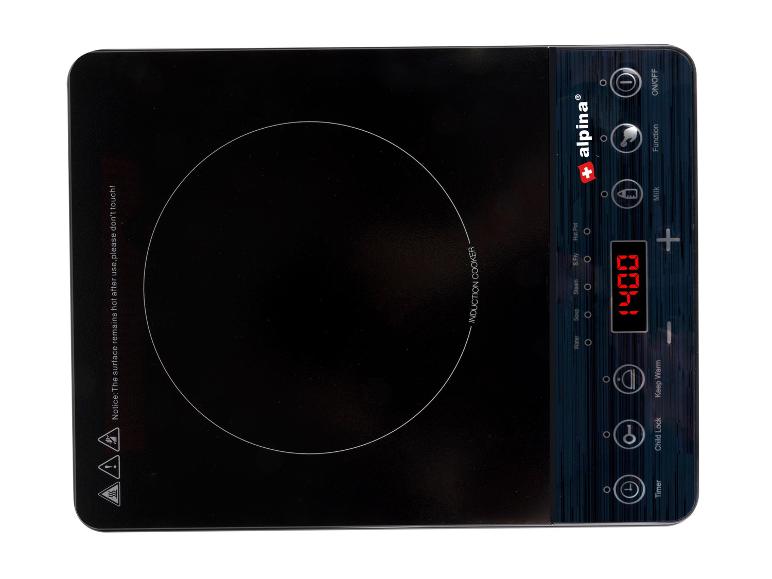 Zwarte inductiekookplaat met digitaal display en bedieningspaneel.