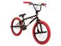 Zwarte BMX-fiets met rode banden en handvatten.