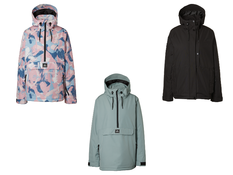 CRIVIT dames freeride-jassen: roze met patroon, lichtblauw en zwart.