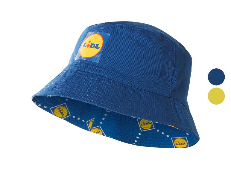 Omkeerbare blauwe bucket hat met geel en blauw logo.