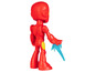 Een rood Iron Man speelgoedfiguur met blauwe energie-effecten.