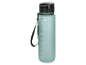 Groene waterfles met zwarte dop en metingen in milliliters en ounces.