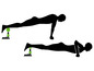 Twee silhouetten tonen push-ups met behulp van een fitnessbal voor ondersteuning.