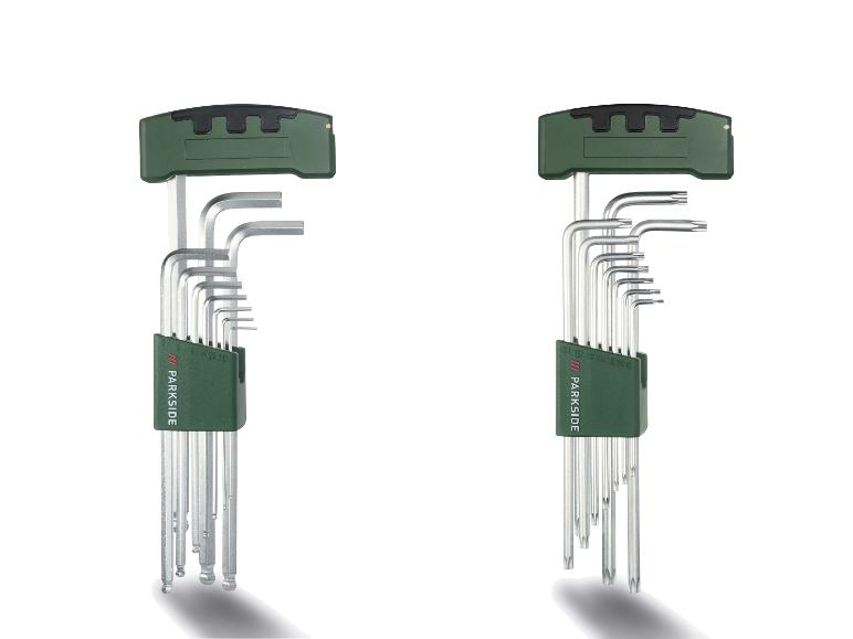 Set inbussleutels en Torx-sleutels in groene houders, met zichtbare maten.