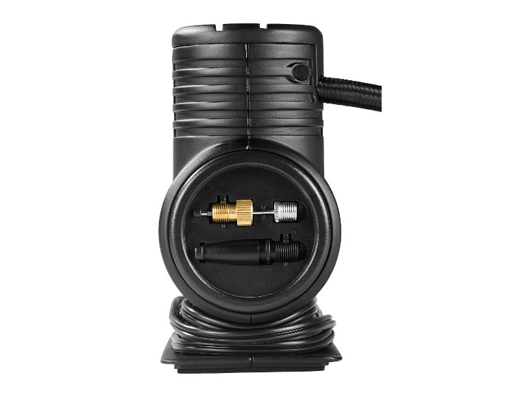 Een zwarte bandenpomp met accessoires.