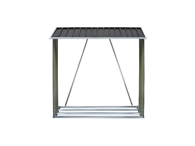 Een vrijstaand metalen rek met een donker dak en open zijkanten.