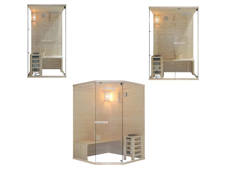 Drie verschillende houten sauna's met glazen deuren en binnenverlichting.