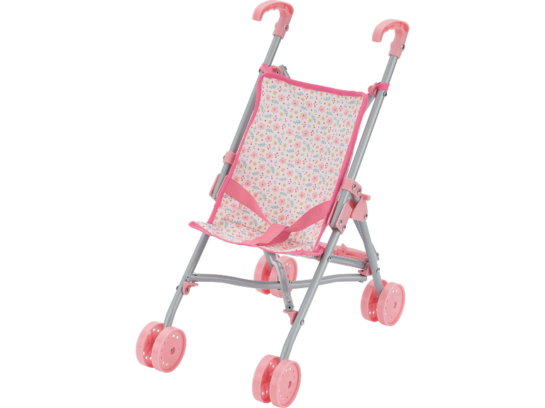 Roze poppenbuggy met bloemenpatroon.