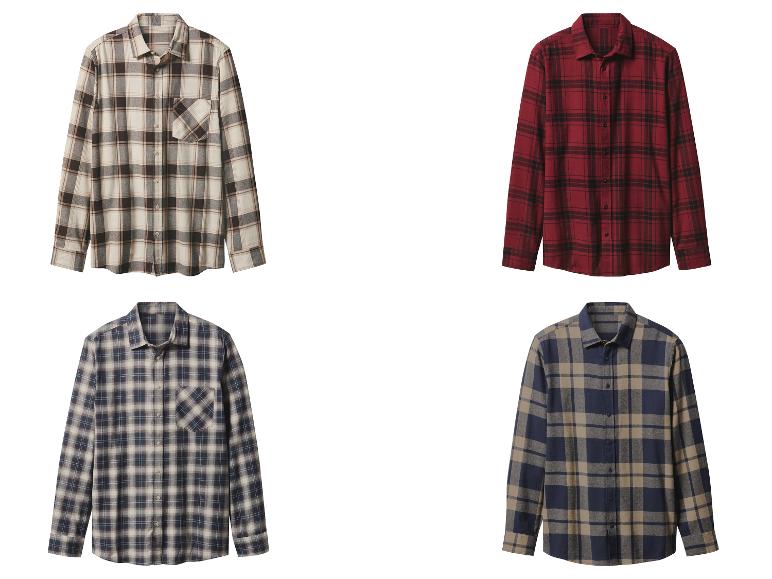 Vier geruite flanellen overhemden met lange mouwen in verschillende kleurencombinaties.