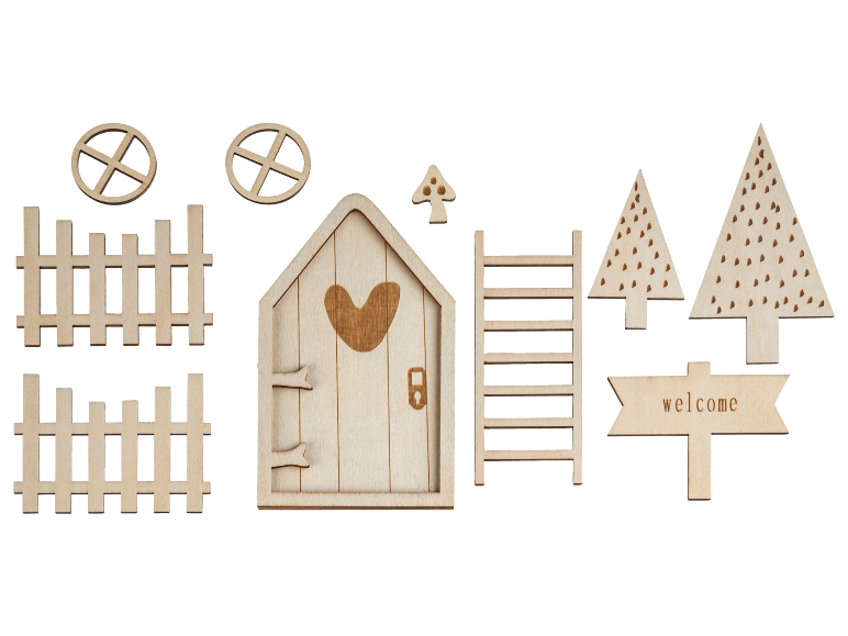 Houten sprookjestuin knutselset met huis, hekken, bomen en accessoires.